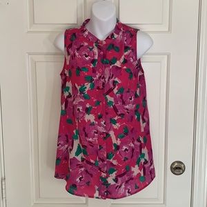 J Crew Pink and Purple Floral Sleeveless Button Up Blouse